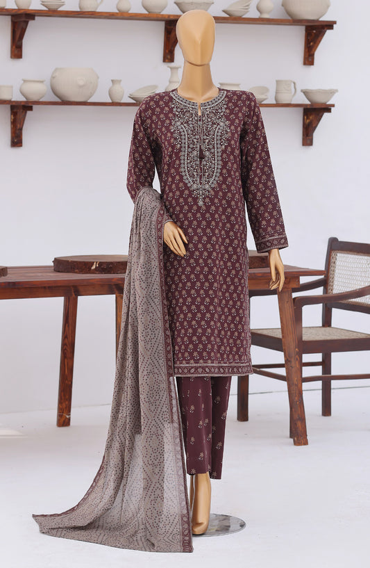 HZ Premium Embroidered Lawn Unstitched 3 Piece Suit - D-05 - HZ26ULE - Maroon - Summer Collection