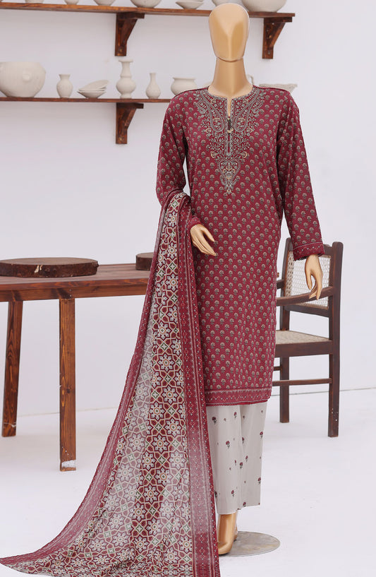 HZ Premium Embroidered Lawn Unstitched 3 Piece Suit - D-01 - HZ26ULE - Red - Summer Collection