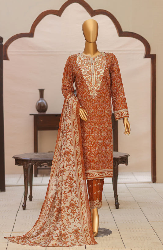 HZ Premium Embroidered Lawn Unstitched 3 Piece Suit - D-01 - HZ26HIT - Rust - Summer Collection