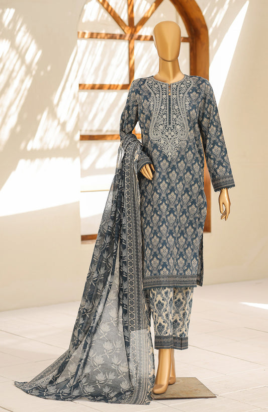 HZ Textile Premium Embroidered Lawn Unstitched 3 Piece Suit - D-06 - HZ26PRD - Blue - Daily Wear Collection