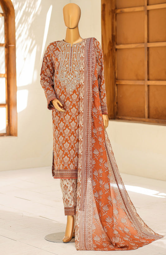 HZ Textile Premium Embroidered Lawn Unstitched 3 Piece Suit - D-04 - HZ26PRD - Rust - Daily Wear Collection