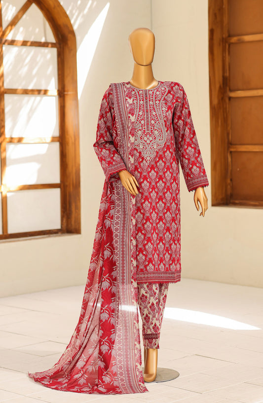 HZ Textile Premium Embroidered Lawn Unstitched 3 Piece Suit - D-01 - HZ26PRD - Red - Daily Wear Collection