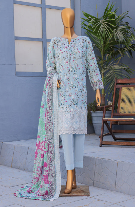 HZ Textile Premium Embroidered Lawn Unstitched 3 Piece Suit - Design-09 - HZ26PMN - Blue - Summer Collection