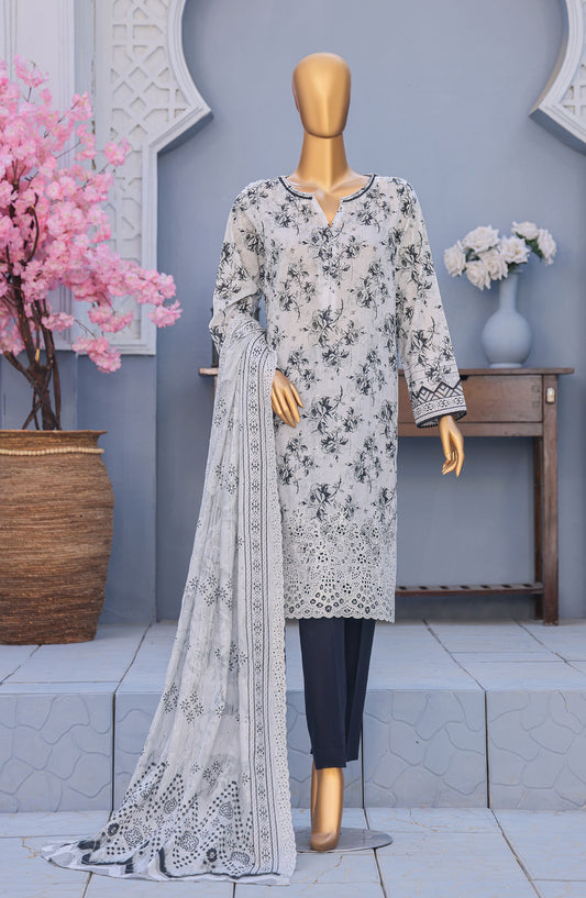 HZ Textile Premium Embroidered Lawn Unstitched 3 Piece Suit - Design-07 - HZ26PMN - White - Summer Collection