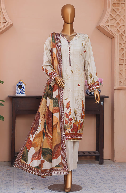 HZ Textile Digital Printed Linen Slub Unstitched 3 Piece Suit - LSD-304 - HZ25LNSL - White - Winter Collection