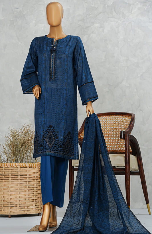 HZ Textile Embroidered Chikankari Stitched 3 Piece Suit - Navy LPE-3P-508 - HZ25PPCEV5 - Summer Collection