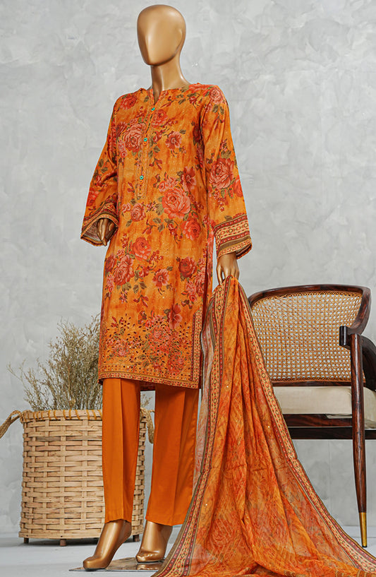HZ Textile Embroidered Chikankari Stitched 3 Piece Suit - Mustard LPE-3P-510 - HZ25PPCEV5 - Summer Collection