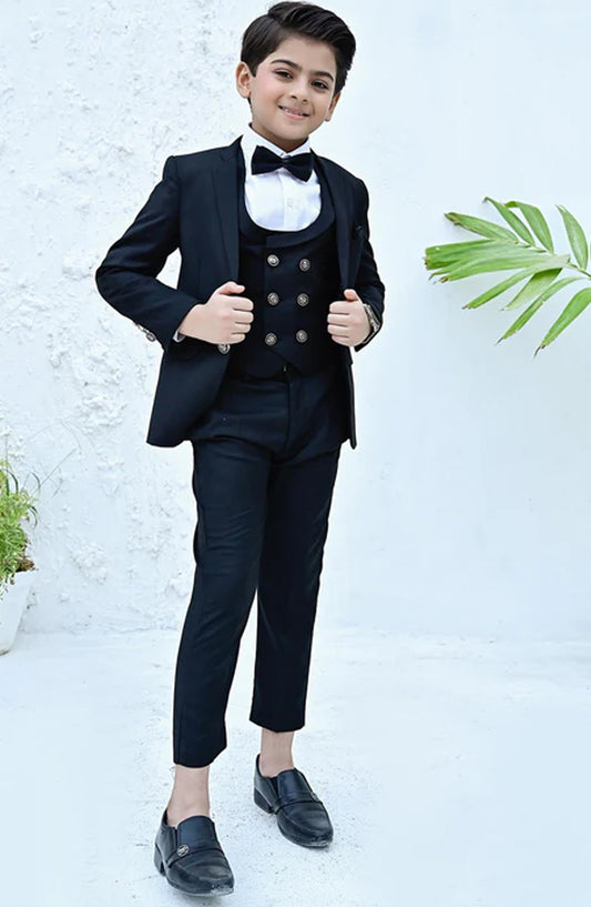 Hassan Jee Exclusive Plain Lawrencepur Blended Suitting Kids 5 Pcs Suit - CPS 001 - HSN25CP - Black - Kids Formal Collection
