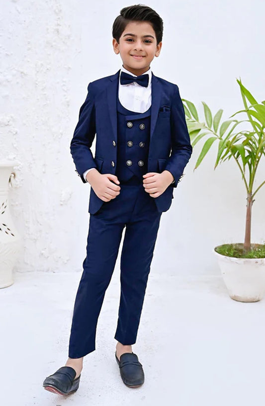 Hassan Jee Exclusive Plain Lawrencepur Blended Suitting Kids 5 Pcs Suit - CPS 002 - HSN25CP - Blue - Kids Formal Collection
