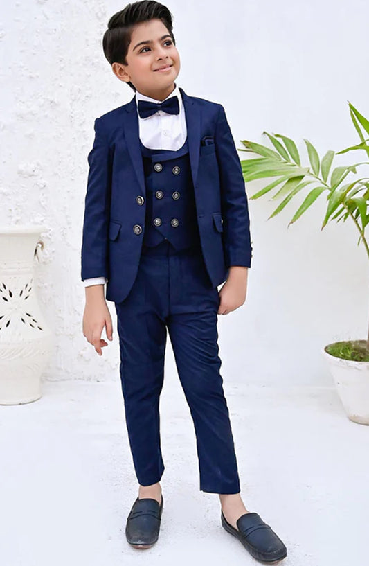 Hassan Jee Exclusive Plain Lawrencepur Blended Suitting Kids 5 Pcs Suit - CPS 002 - HSN25CP - Blue - Kids Formal Collection