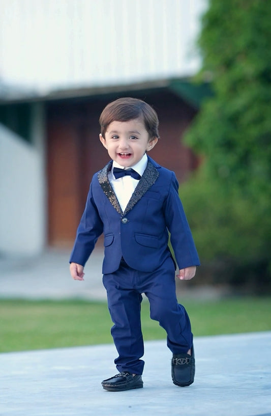 Hassan Jee Exclusive Plain Lawrencepur Blended Suitting Kids 4 Pcs Suit - SCP 008 - HSN25CP - Blue - Kids Formal Collection