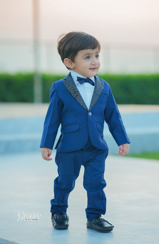 Hassan Jee Exclusive Plain Lawrencepur Blended Suitting Kids 4 Pcs Suit - SCP 008 - HSN25CP - Blue - Kids Formal Collection