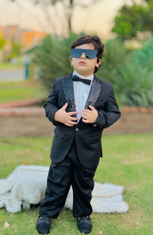Hassan Jee Exclusive Plain Lawrencepur Blended Suitting Kids 4 Pcs Suit - SCP 007 - HSN25CP - Black - Kids Formal Collection