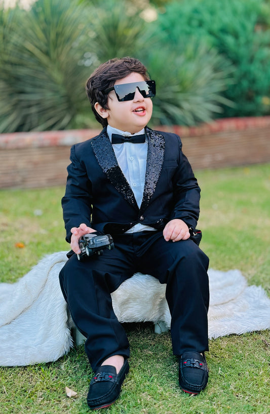 Hassan Jee Exclusive Plain Lawrencepur Blended Suitting Kids 4 Pcs Suit - SCP 007 - HSN25CP - Black - Kids Formal Collection