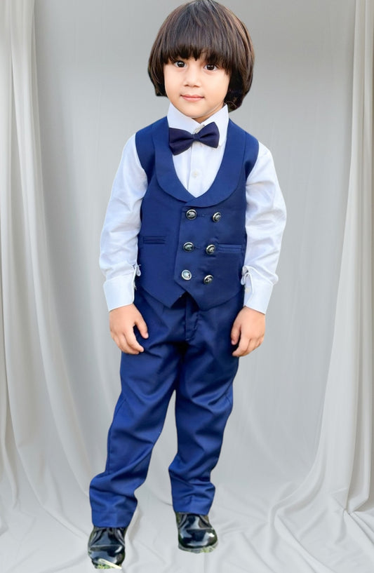 Hassan Jee Exclusive Plain Lawrencepur Blended Suitting Kids 4 Pcs Suit - CPW 006 - HSN25CP - Blue - Kids Formal Collection