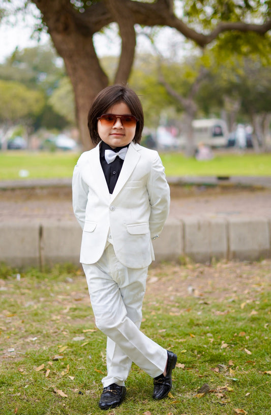 Hassan Jee Exclusive Plain Lawrencepur Blended Suitting Kids 5 Pcs Suit - CPS 009 - HSN25CP - White - Kids Formal Collection