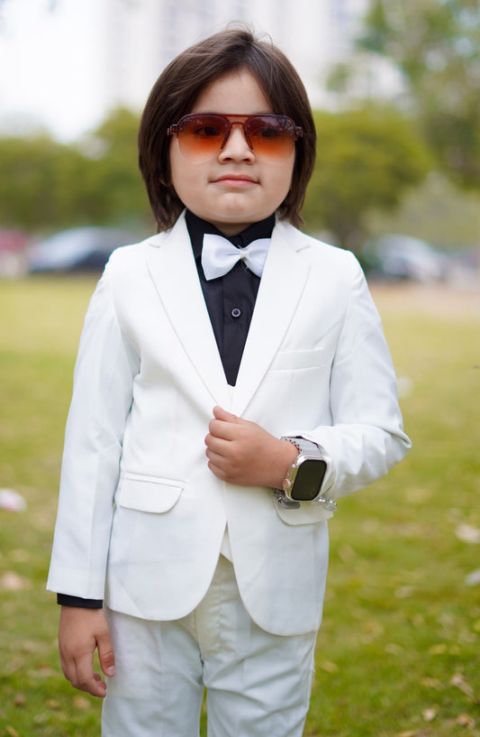 Hassan Jee Exclusive Plain Lawrencepur Blended Suitting Kids 5 Pcs Suit - CPS 009 - HSN25CP - White - Kids Formal Collection
