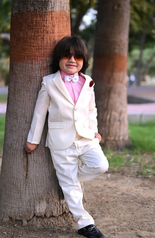 Hassan Jee Exclusive Plain Lawrencepur Blended Suitting Kids 4 Pcs Suit - CPS 004 - HSN25CP - Cream White - Kids Formal Collection