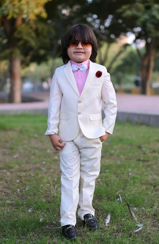 Hassan Jee Exclusive Plain Lawrencepur Blended Suitting Kids 4 Pcs Suit - CPS 004 - HSN25CP - Cream White - Kids Formal Collection
