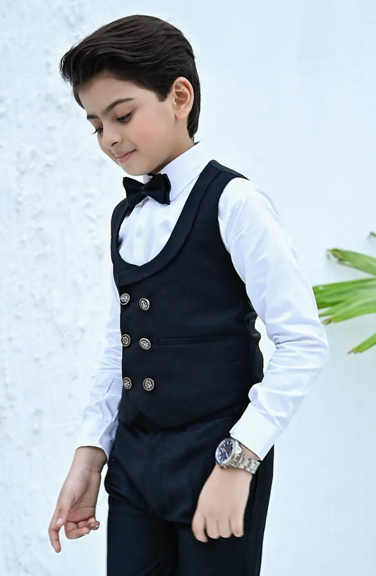 Hassan Jee Exclusive Plain Lawrencepur Blended Suitting Kids 4 Pcs Suit - CPW 005 - HSN25CP - Black - Kids Formal Collection