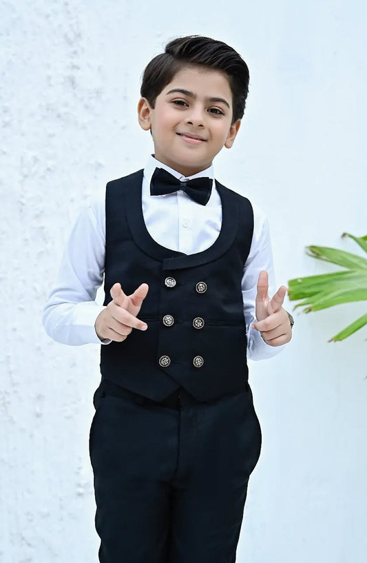 Hassan Jee Exclusive Plain Lawrencepur Blended Suitting Kids 4 Pcs Suit - CPW 005 - HSN25CP - Black - Kids Formal Collection
