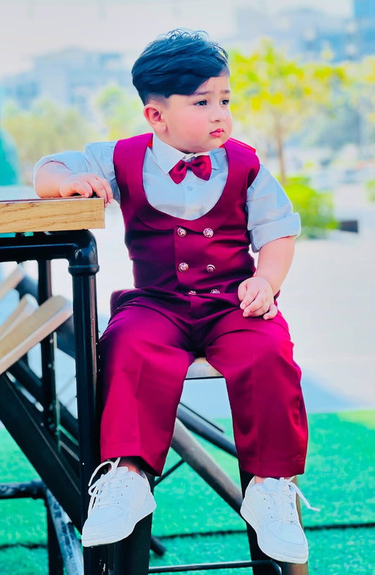 Hassan Jee Exclusive Plain Lawrencepur Blended Suitting Kids 4 Pcs Suit - CPW 008 - HSN25CP - Maroon - Kids Formal Collection