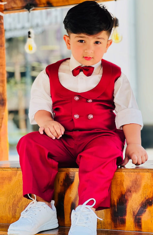 Hassan Jee Exclusive Plain Lawrencepur Blended Suitting Kids 4 Pcs Suit - CPW 008 - HSN25CP - Maroon - Kids Formal Collection
