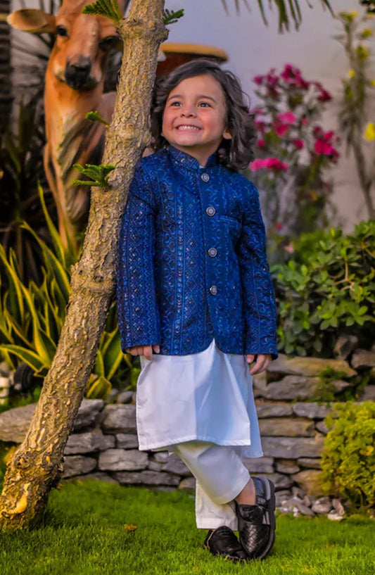 Hassan Jee Exclusive Embroidered Raw Silk Kids Prince Coat Suits - P-24 - HSN25PCS - Royal Blue - Boys Formal Collection