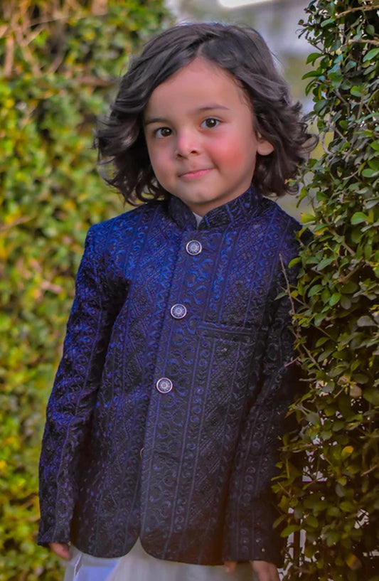 Hassan Jee Exclusive Embroidered Raw Silk Kids Prince Coat Suits - P-24 - HSN25PCS - Royal Blue - Boys Formal Collection