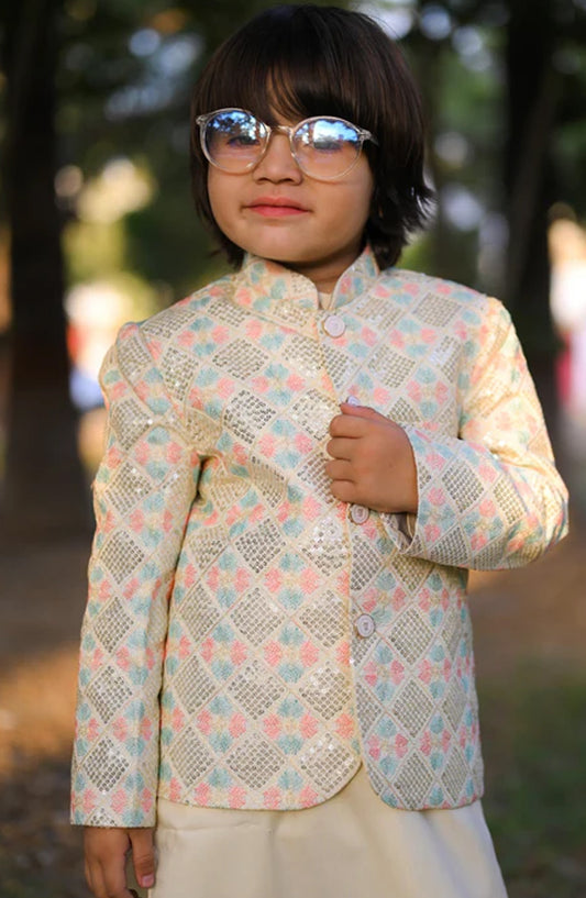 Hassan Jee Exclusive Embroidered Raw Silk Kids Prince Coat Suits - P-20 - HSN25PCS - Cream White - Boys Formal Collection