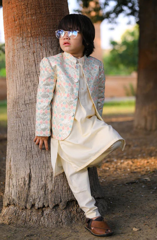 Hassan Jee Exclusive Embroidered Raw Silk Kids Prince Coat Suits - P-20 - HSN25PCS - Cream White - Boys Formal Collection