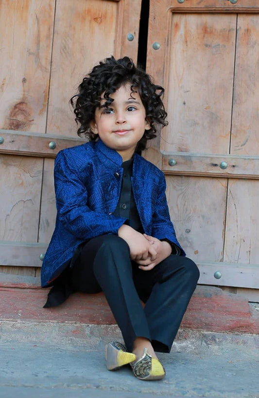 Hassan Jee Exclusive Embroidered Raw Silk Kids Prince Coat Suits - P-8 - HSN25PCS - Royal Blue - Boys Formal Collection