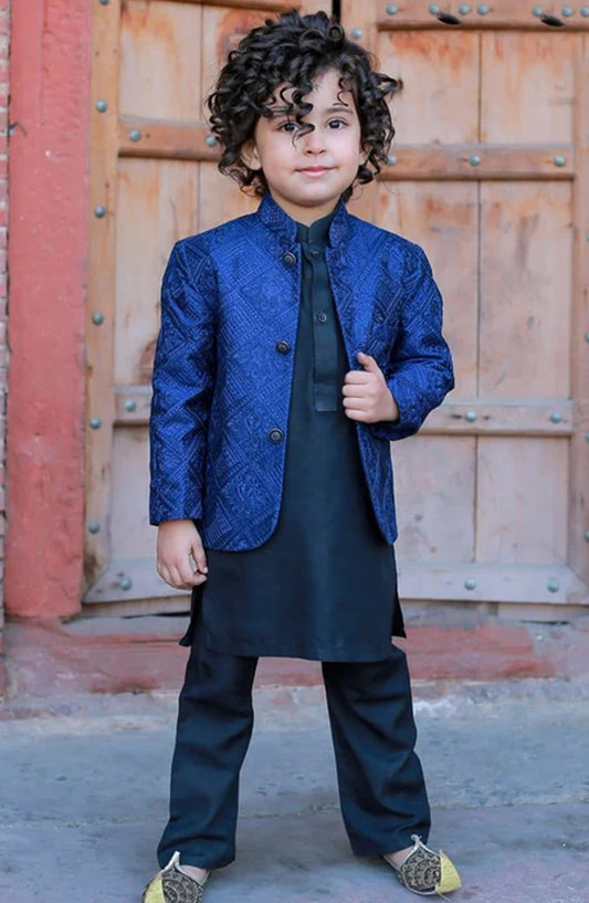 Hassan Jee Exclusive Embroidered Raw Silk Kids Prince Coat Suits - P-8 - HSN25PCS - Royal Blue - Boys Formal Collection