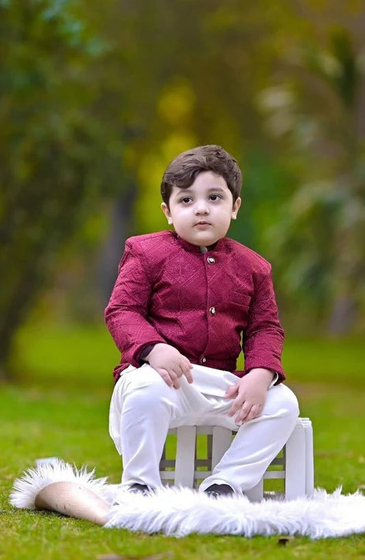 Hassan Jee Exclusive Embroidered Raw Silk Kids Prince Coat Suits - P-9 - HSN25PCS - Red - Boys Formal Collection