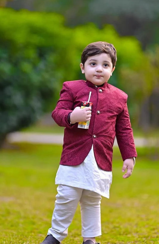 Hassan Jee Exclusive Embroidered Raw Silk Kids Prince Coat Suits - P-9 - HSN25PCS - Red - Boys Formal Collection
