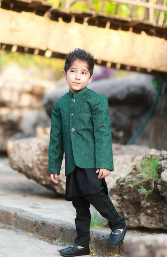 Hassan Jee Exclusive Embroidered Raw Silk Kids Prince Coat Suits - P-6 - HSN25PCS - Green - Boys Formal Collection
