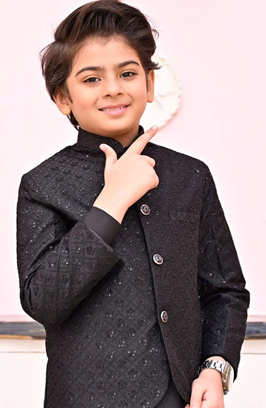 Hassan Jee Exclusive Embroidered Raw Silk Kids Prince Coat Suits - P-1 - HSN25PCS - Black - Boys Formal Collection