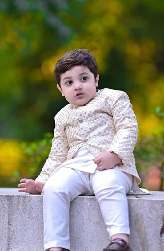 Hassan Jee Exclusive Embroidered Raw Silk Kids Prince Coat Suits - P-11 - HSN25PCS - Off White - Boys Formal Collection