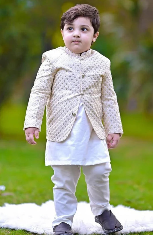 Hassan Jee Exclusive Embroidered Raw Silk Kids Prince Coat Suits - P-11 - HSN25PCS - Off White - Boys Formal Collection