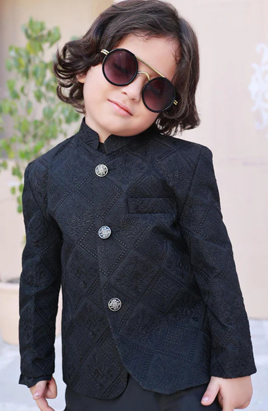 Hassan Jee Exclusive Embroidered Raw Silk Kids Prince Coat Suits - P-10 - HSN25PCS - Black - Boys Formal Collection