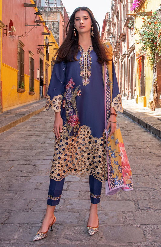 Hemline by Mushq Odyssey Embroidered Lawn Unstitched 3 Piece Suit - Ines - MQ26ODY - Blue - Summer Collection