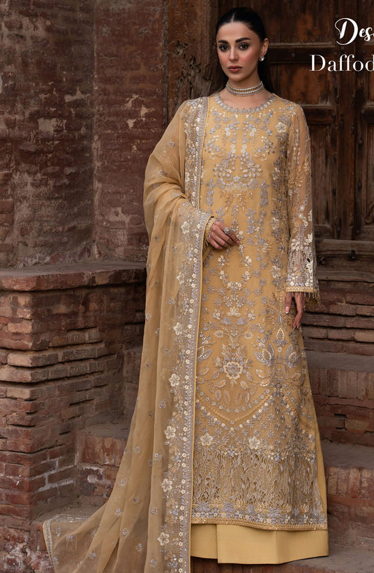 Humsafar by Lavish Premium Embroidered Chiffon Unstitched 3 Piece Suit - D-03 Daffodil Yellow - LP26HMS - Luxury Collection