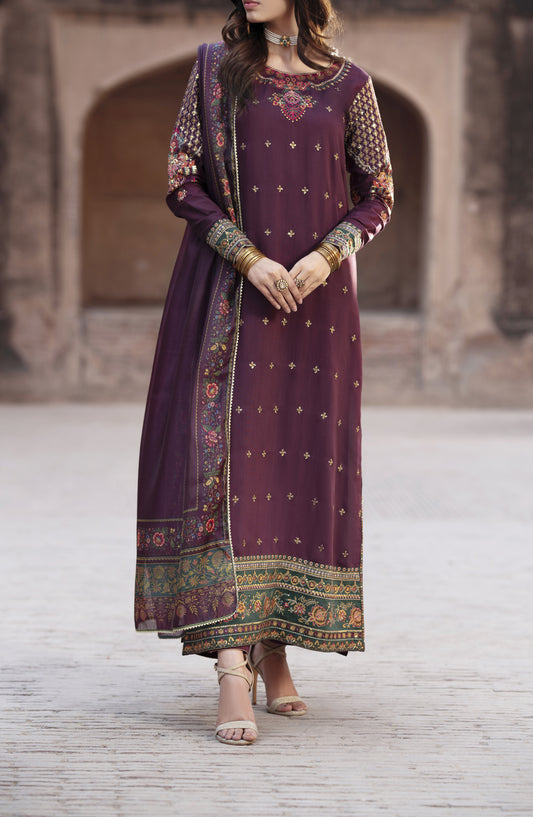 Ishqia by Casual Lite Premium Embroidered Silk Viscose Stitched 3 Piece Suit - Design-02 - CL25ISHQ - Purple - Festive Collection
