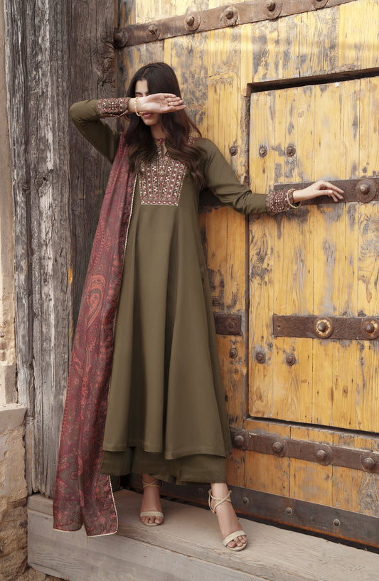 Ishqia by Casual Lite Premium Embroidered Silk Viscose Stitched 3 Piece Suit - Design-04 - CL25ISHQ - Green - Festive Collection