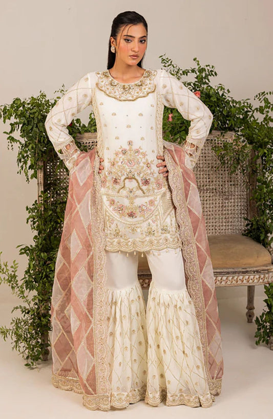 Tehzeeb by Diara Couture Embroidered Chiffon Stitched 3 Piece Suit - DC25THZ - JASMINE - SF-10 - Off White - Festive Collection