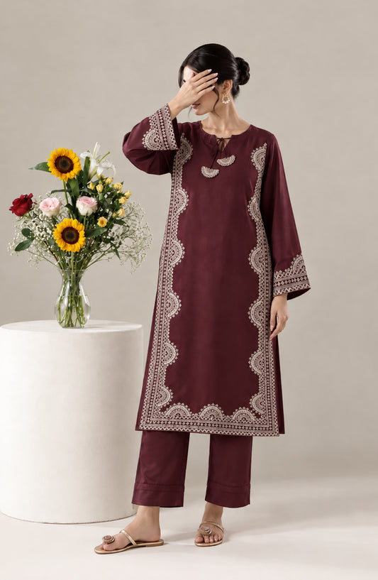 Jannah Noe by Amna Khadija Embroidered Silk Stitched 2 Piece Co-ord Set - JNLS-10 - AM26HON - Maroon - Summer Collection