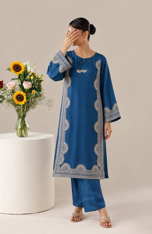 Jannah Noe by Amna Khadija Embroidered Silk Stitched 2 Piece Co-ord Set - JNLS-11 - AM26HON - Blue - Summer Collection