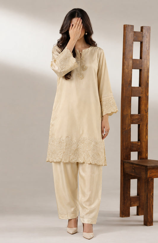 Jannah Noe by Amna Khadija Embroidered Silk Stitched 2 Piece Co-ord Set - JNLS-19 - AM26HON - Fawn - Summer Collection