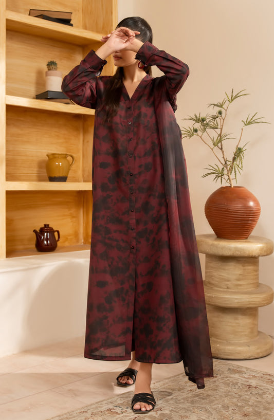 Janaan by Casual Lite Premium Printed Silk Viscose Stitched 3 Piece Suit - Mulberry Mirage - CL25JNN - Maroon - Casual Collection