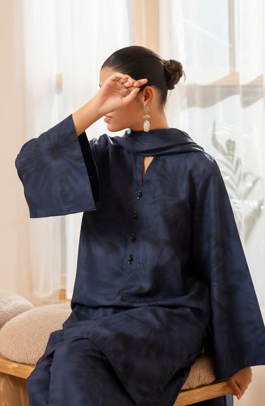 Janaan by Casual Lite Premium Printed Silk Viscose Stitched 3 Piece Suit - Midnight Bloom - CL25JNN - Blue - Casual Collection